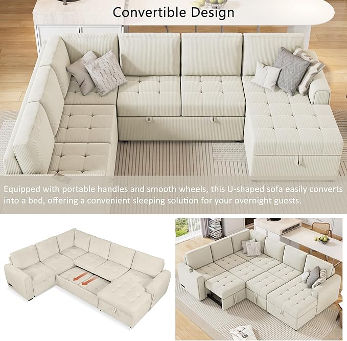 107.5" Corduroy U Shaped Sofa,Sectional Sleeper Couch Pull Out Bed with Storage Chaise,Convertible Corner Sofa-Bed w/Portable Handles and Smooth Wheels,2 USB,for Living Room,Beige