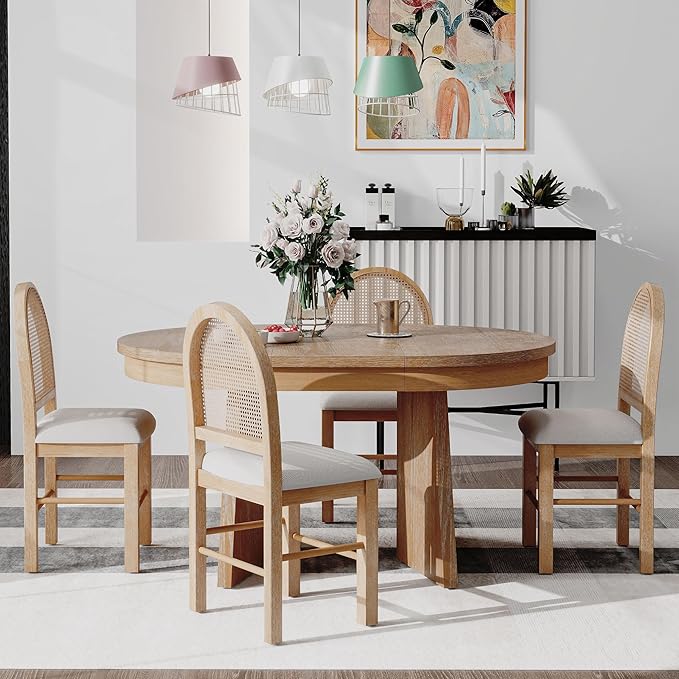 Ball & Cast Retro Dining Table Set for 4 with 4 Upholstered Chairs,5-Piece Wooden Living Room Furniture W/ 58" Round Extendable Kitchen Desk,for Small Space,Apartment,Dining Room,Natural Wood Wash