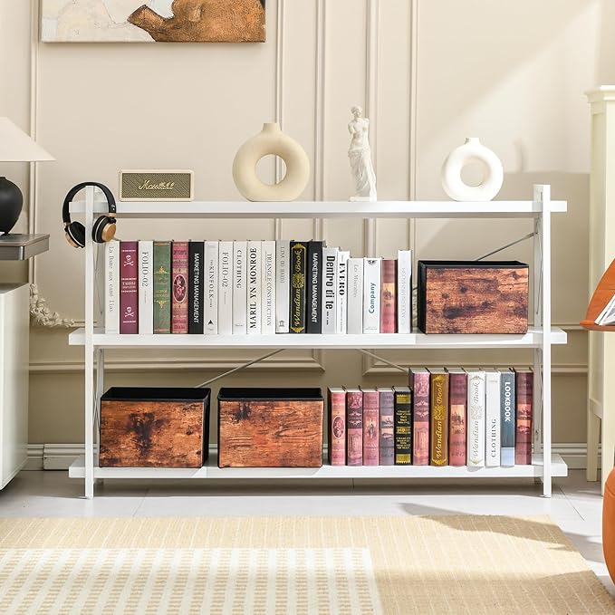 HCHQHS Bookshelf, 3-Tier Long Industrial Bookcase, White Open Book Shelf, Freestanding Horizontal Bookshelves with Metal Frame
