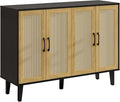 Storage Cabinet with Rattan Trim - 4 Door Sideboard Buffet Cabinet with Storage, Accent Cabinet with Shelves for Bathroom, Coffee Bar, Kitchen, Living Room, Hallway (Black)