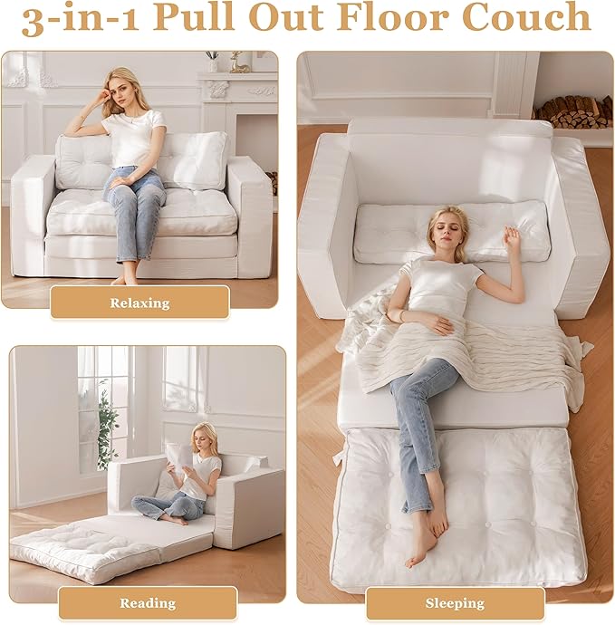 YOSHOOT Loveseat Sleeper Sofa,55" Convertible Sofa Bed Couch Futon Couches for Living Room,3-in-1 Pull Out Floor Couch with Reclining Backrest and Pillows, Beige