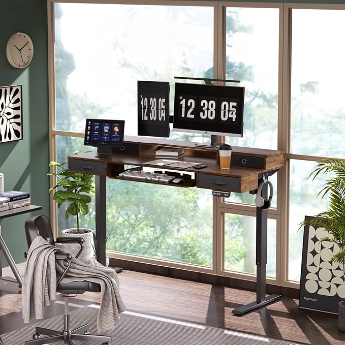 Electric Standing Desk, 55" Standing Desk Adjustable Height, Adjustable Desk with 4 Drawers, Ergonomic Adjustable Sit Stand Desk with Keyboard Tray, Rustic Brown