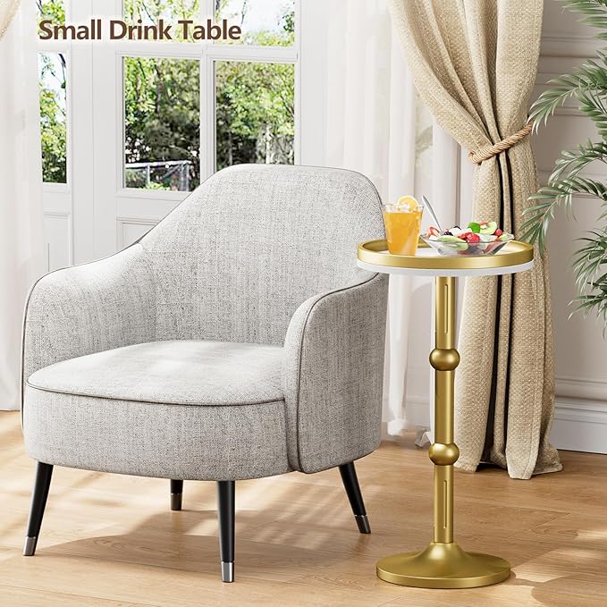 Small Round Side Table, Coffee Drink Table for Small Spaces, Modern Night Stand with Metal Leg, Weighted Iron Base Pedestal Round End Tables for Living Room, Bedroom, Narrow Corners,Sofa Couch