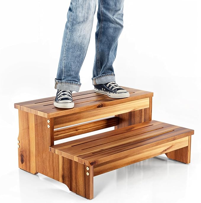 TINAMO 25" Long Step Stool for Adult & Kid - Acacia Wood Two Step Stool 500 Lb - Wooden Riser 2-Step Spa & Hot Tub Stairs for Pool - Heavy Duty 2 Step Stools for Bed, Kitchen,Outdoor (Patent Pending)