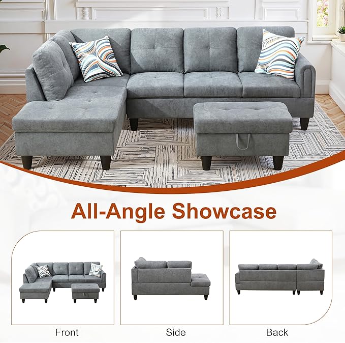 Osparple L Shaped Couch Sectional Couches for Living Room Upholstered Fluffy Fabric 3 Pieces Modular Sectional Sofa with Chaise, Ottoman with Storage for Living Room and Small Apartment, Dark Grey