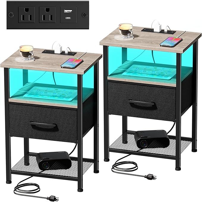 Nightstands Set of 2 with Charging Station and Drawer, End Table Bedside Table with 20 Colors LED Light Strip and 2 Layers Shelf for Bedroom Living Room Sofa (Grey)
