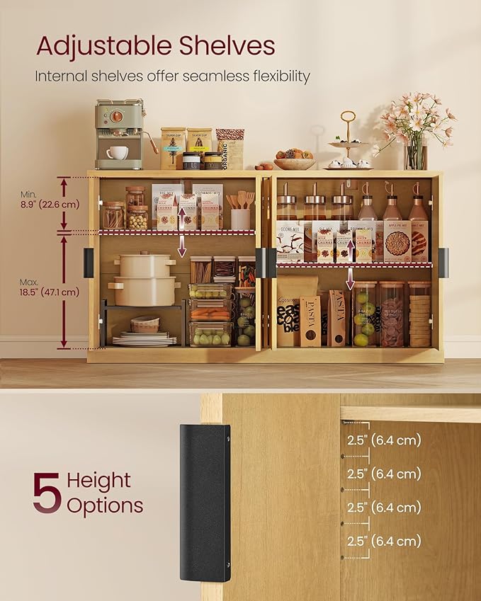 VASAGLE MAXE Collection - Buffet Cabinet, Console Cabinet, Sideboard with Adjustable Shelves, Fluted Doors, Transitional, Kitchen Pantry, Oak Beige UBBK382Y01S