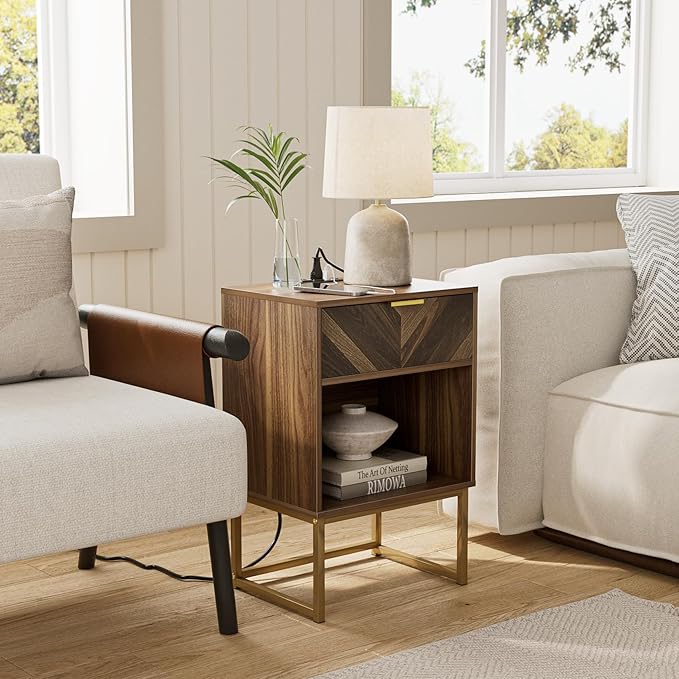 Masupu Nightstand with Charging Station,Modern Night Stand Boho Farmhouse Wood Bedside Table with Storage Drawer Side End Table for Bedroom,Living Room,Office,Walnut Brown with Outlet