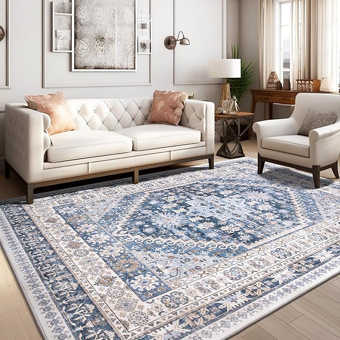 zesthome 10x14 Area Rugs,Stain Resistant Washable Rug,Ultra-Thin Rugs for Living Room,Bedroom,Non-Slip Backing Home Decor Large Area Rug (Blue/Beige,10'x14')