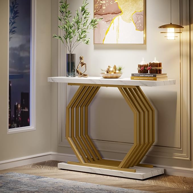 Tribesigns Gold Console Table, Faux Marble Entryway Table Narrow Sofa with Geometric Metal Base, 40 Inch Modern Accent Entrance for Living Room, Hallway, Foyer, White and Gold