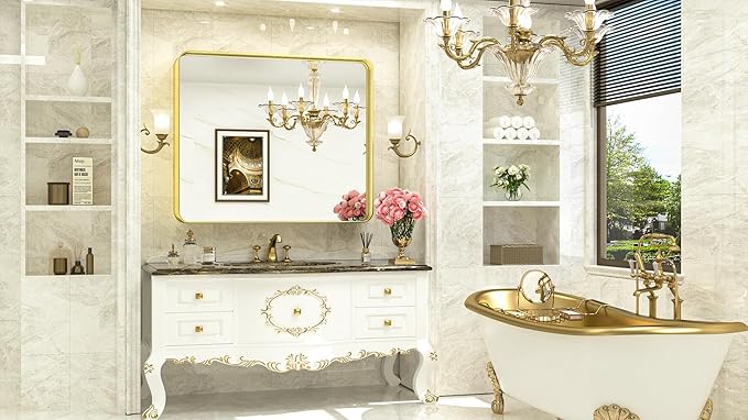 TokeShimi Gold Bathroom Mirror for Wall 42x36 Inch Rounded Corner Rectangle in Aluminum Alloy Brass Metal Frame Deep Set Design Hangs Horizontal Or Vertical Farmhouse