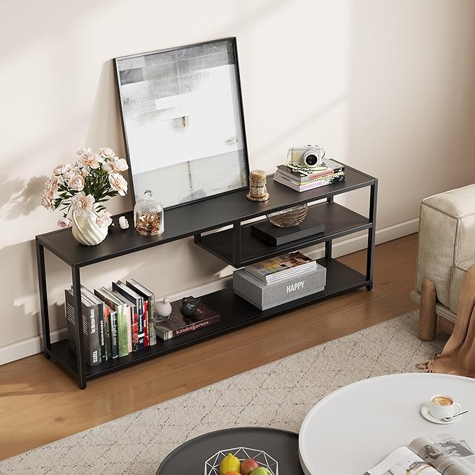 TECHMILLY Modern TV Stand for 55" TV, TV Table with Storage Shelves, Entertainment Center with Metal Frame, TV Console Table for Living Room, Bedroom, Black
