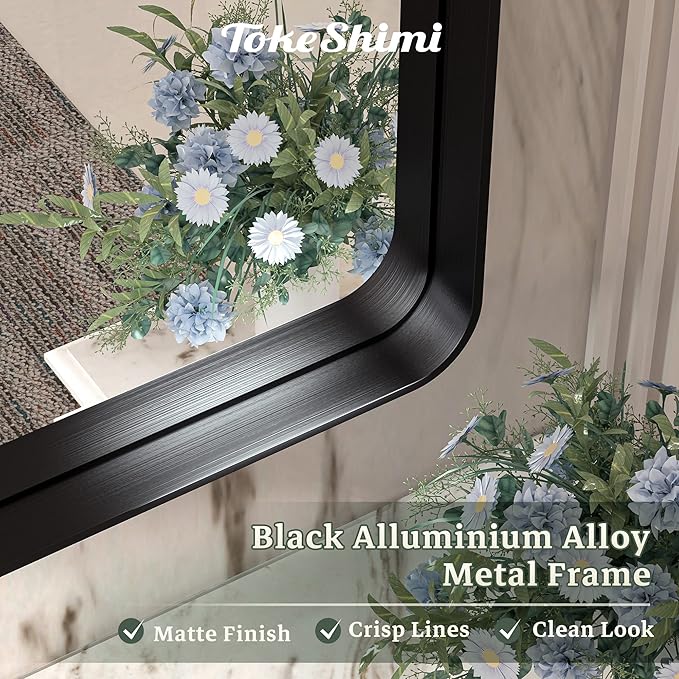 TokeShimi 60 x 36 Inch Black Bathroom Mirror for Wall with Non-Rusting Aluminum Alloy Metal Frame Rounded Corner Rectangle Mirror for Modern Farmhouse Home Decor Mirror(Horizontal/Vertical)
