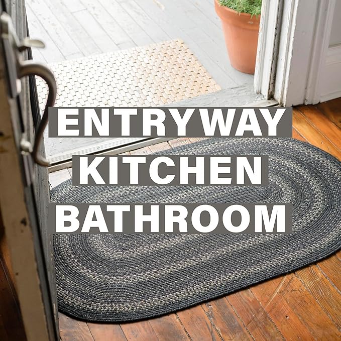 Jet Black Braided Oval Rug 27x45 - Primitive Braided Rugs for Kitchen, Entryway & Bathroom