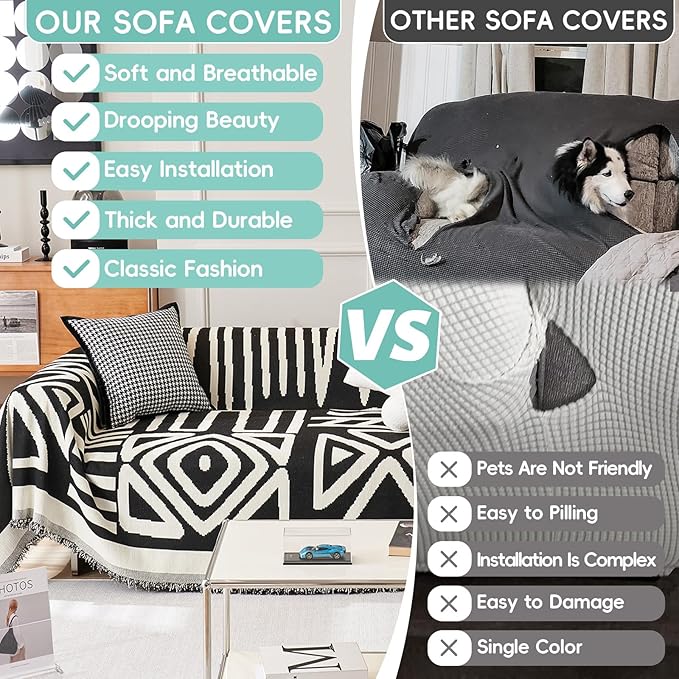 STACYPIK Modern Boho Sofa Cover for Dogs Chenille Couch Cover with Tassels Reversible Anti Slip Sofa Slipcover for 3 Cushion Couch Soft Black Beige L Shaped Cover Multi-Use Throw Blankets-71X134IN