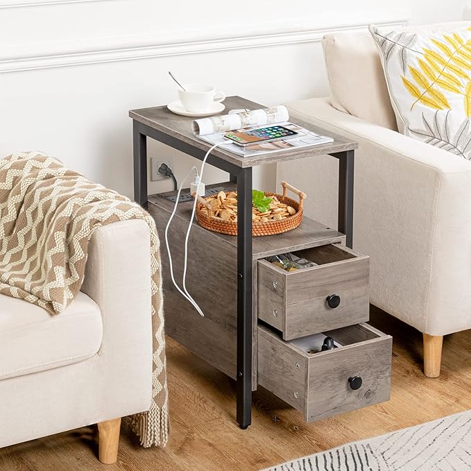 HOOBRO Set of 2 End Tables with Charging Station, Narrow Side Table with Drawers & USB Ports & Power Outlets, Nightstand for Small Spaces, Living Room, Stable, Greige and Black BG541BZP201