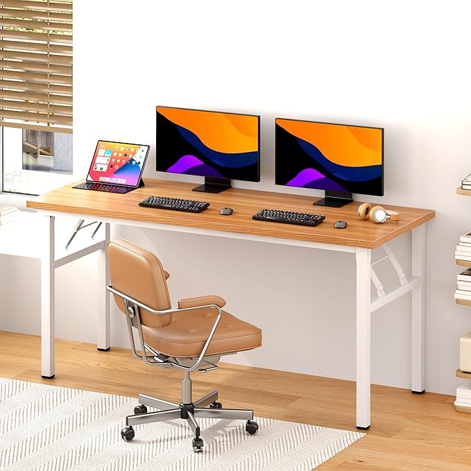 DlandHome Computer Desk 62 inches Office Desk Computer Table Study Writing Desk Workstation for Home Office Metal Frame Teak and White