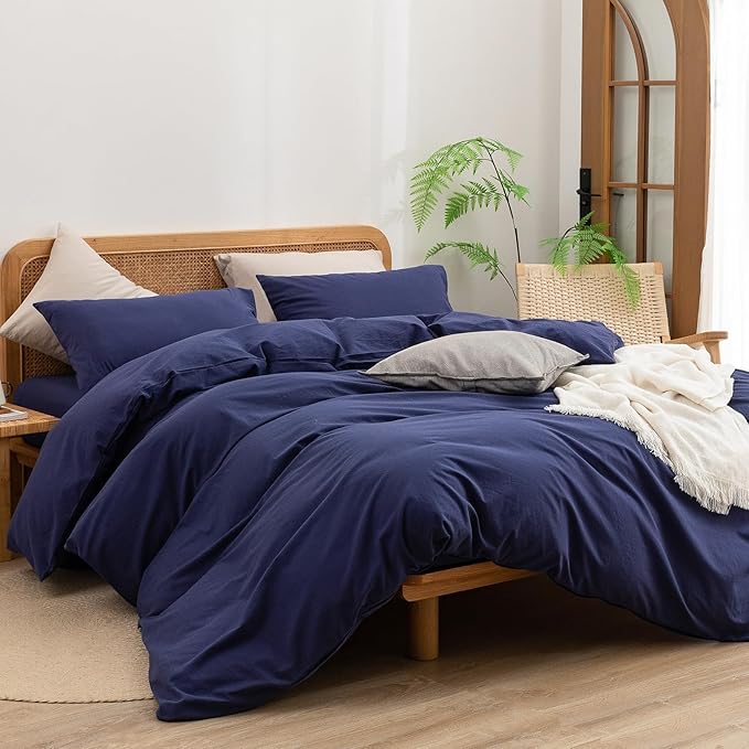 BESTOUCH Duvet Cover Set 100% Washed Cotton Linen Feel Super Soft Comfortable Chic Lightweight 3 PCs Home Bedding Set Solid Navy Blue Oversized Queen