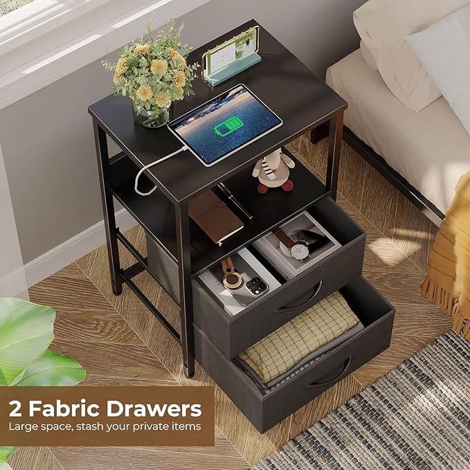 Seventable Nightstand with Charging Station, Bedside Table with LED Lights, Night Stand with 2 Fabric Drawers, 3-Tier Storage End Table for Bedroom, Black