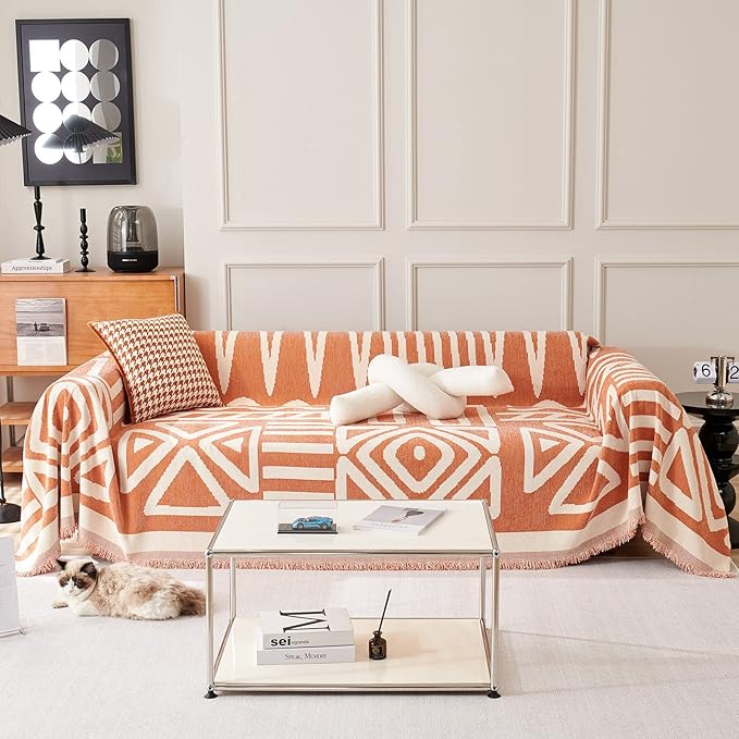 STACYPIK Geometric Orange Sofa Cover - Boho Triangle Reversible Protector for 3 Cushion Couch - Pet-Friendly, Washable Multi-Use Blanket - 91x150IN