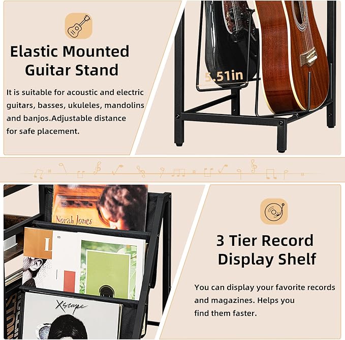 LELELINKY Record Player Table,Adjustable Guitar Stand for Acoustic Guitar, Electric Guitar, Bass, White Turntable Holder with Vinyl Storage Up to 150 Albums, Side Table with Magazine Periodical Rack