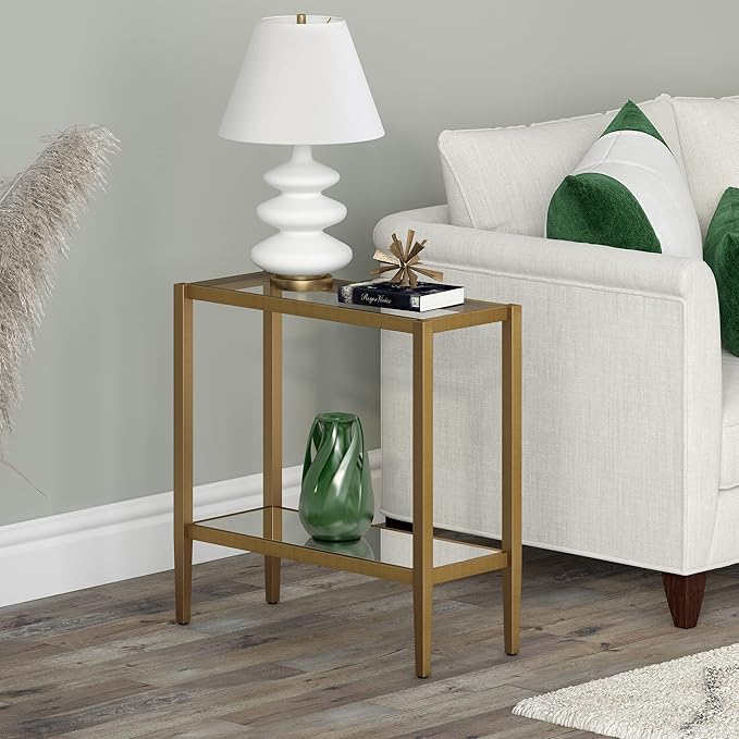 Henn&Hart 24" Wide Rectangular Side Table with Glass Shelf in Antique Brass, Table for Living Room, Bedroom