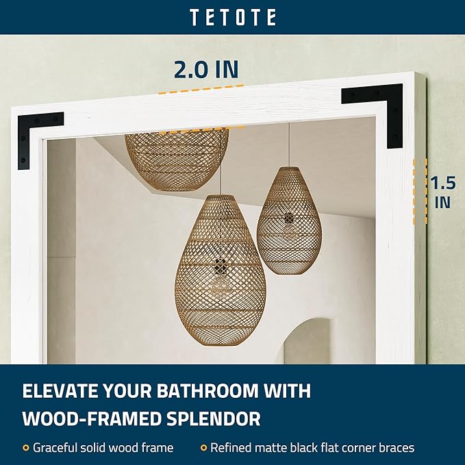 TETOTE 48 x 36 White Wooden Mirror for Bathroom Wall/Bedroom/Living Room/Entryway Farmhouse Rustic Wall Mirror Waterproof (Horizontal/Vertical Mounted)
