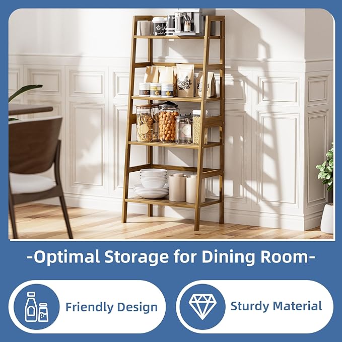 HITNET Ladder Shelf, 4-Tier Bamboo Bookshelf, Freestanding Open Display Storage Rack, Space Saving Flower Plant Display Stand for Bathroom Living Room, Walnut