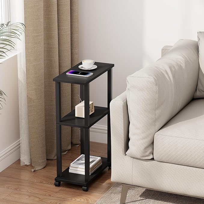 TUTOTAK Small Side Table, Narrow End Table, Bedside Table, Set of 2, Couch Side Table with Wheels for Living Room or Bedroom, Black TB01BK0612