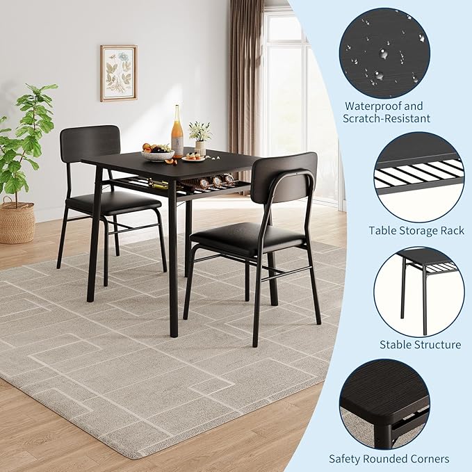 GarveeHome Dining Table for 2 with Storage Rack, Small Kitchen Table for 2 with Metal Frame, Square Table with Upholstered Chairs Set of 2, 3-Piece Dining Room Set for Small Space, Apartment, Black