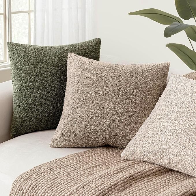 Foindtower Set of 2, Decorative Textured Boucle Throw Pillow Covers Accent Solid Pillow Cases Neutral Cozy Couch Cushion Case for Chair Sofa Bedroom Living Room Home Decor 26x26 Inch Light Khaki Tan