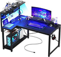 Homieasy Small Gaming Desk with Power Outlets Pegboard LED Light, 43 Inch L Shaped Computer Desk with Monitor Stand Storage Shelves, Reversible Corner Desk with Headset Hooks, Carbon Fiber Black