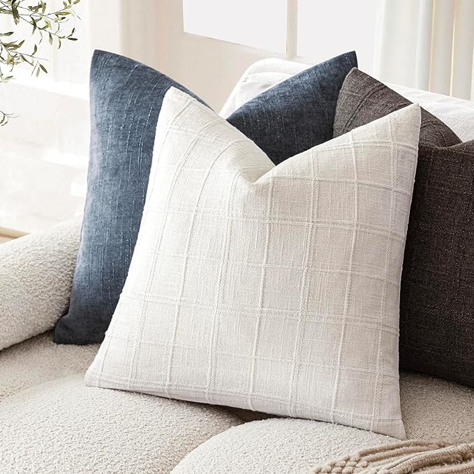 Foindtower Set of 2 Decorative Linen Check Throw Pillow Covers Neutral Farmhouse Vintage Cushion Covers Modern Boho Home Decor for Sofa Chair Couch Bedroom Living Room Outdoor,20×20 Inch,Cream White