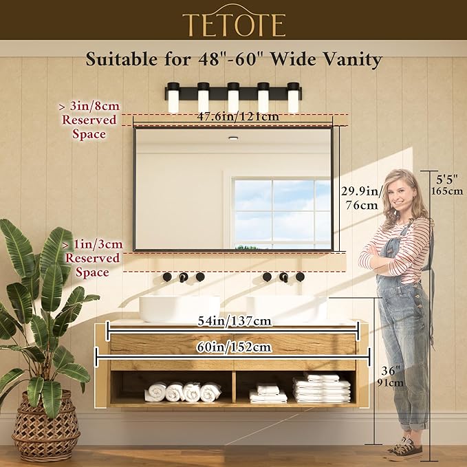 TETOTE Black Bathroom Vanity Mirror Beveled Frame 48" x 30" Black Rectangle Metal Framed Bathroom Wall Mirror for Over Sink, Tempered Glass, Modern Farmhouse Bedroom, Entryway, Living Room