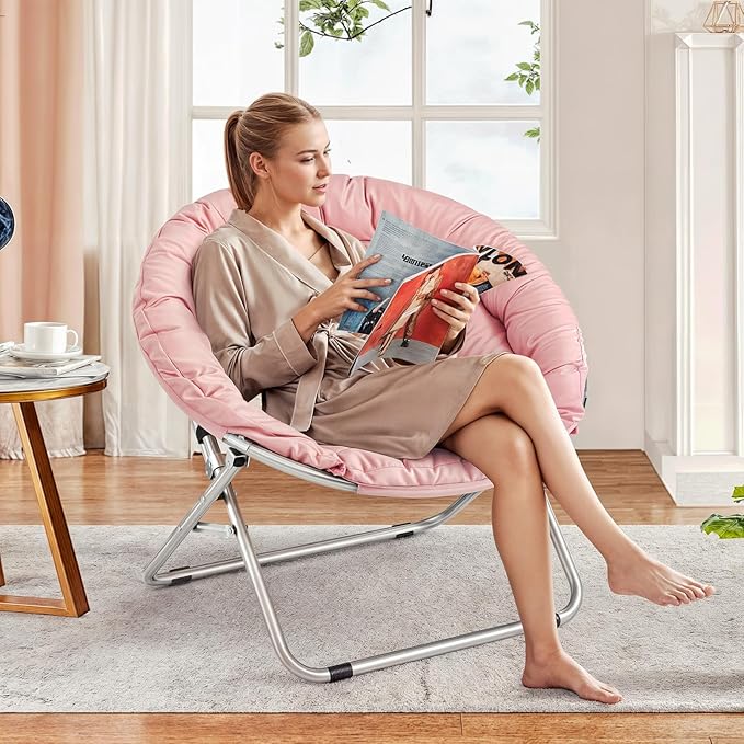 MoNiBloom Round Folding Saucer Chair for Bedroom Living Room Dorm Foldable Metal Frame Comfy Soft Lounge Lazy Cozy Moon Chair for Teens (Pink)