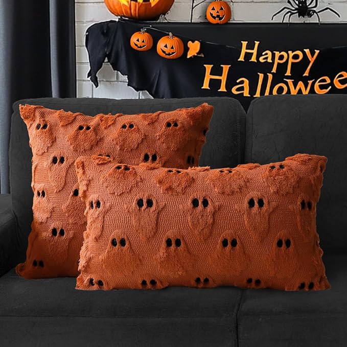 4TH Emotion Halloween Ghost Decorative Pillow Covers 20x20 Set of 2, Rust Red Soft Plush Faux Fur Farmhouse Throw Cushion Cases for Fall Autumn Holiday Home Decorations