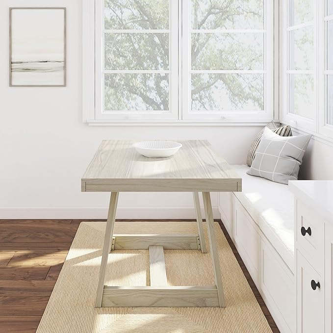 Plank+Beam 48 Inch Farmhouse Dining Table, Rustic Solid Wood Kitchen Table, Dinner Table for Dining Room, Home Office Furniture, White Sand Wirebrush