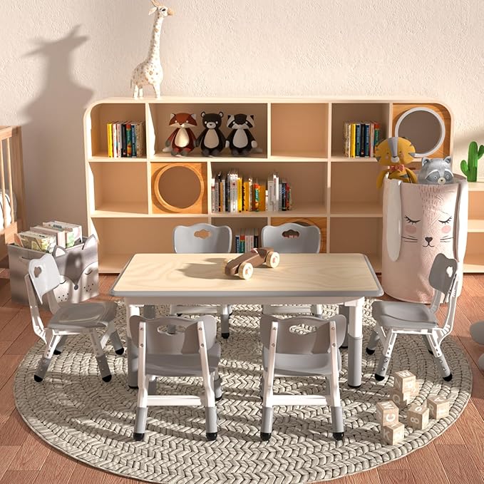 Kids Table and 6 Chairs Set，Height Adjustable Children Table & Chair，Toddlers Study Multi-Activity Table with 47.2"x23.6" Wipe-Clean Desktop，for Classrooms, Homes & Daycares