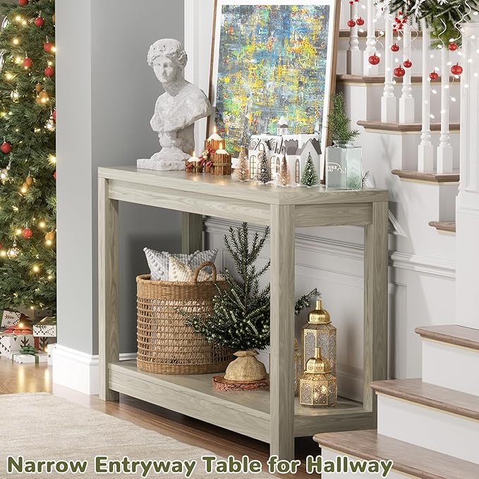 Small Farmhouse Wood Entryway Table Narrow Console Table with Storage Behind Couch Sofa Table with Shelves Entry Way Table with Open Storage, Easy Assembly, 32" Classical Washed Oak