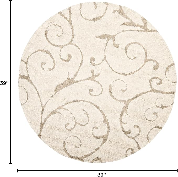 SAFAVIEH Florida Shag Collection Area Rug - 3'3" Round, Cream & Beige, Scroll Design, Non-Shedding & Easy Care, 1.2-inch Thick Ideal for High Traffic Areas in Living Room, Bedroom (SG455-1113)