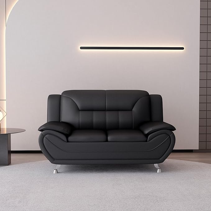 Container Furniture Direct Michael Modern Faux Leather Upholstered Stainless Steel Legs Living Room Sofa, Loveseat, Black