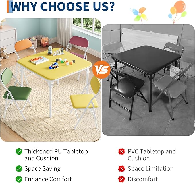 IDEALHOUSE 5 Piece Boys Girls Folding Table and Chairs Set, Activity Table and Chairs Set for Dining Room,Daycare,Classrooms