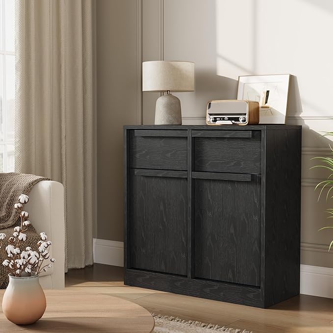 GarveeHome Sideboard Buffet Cabinet with 2 Drawers, 31.5" Large Coffee Cabinet with Storage, Modern Storage Buffet Table for Kitchen Dining Room, Living Room (Black, 2 Doors & 2 Drawers)