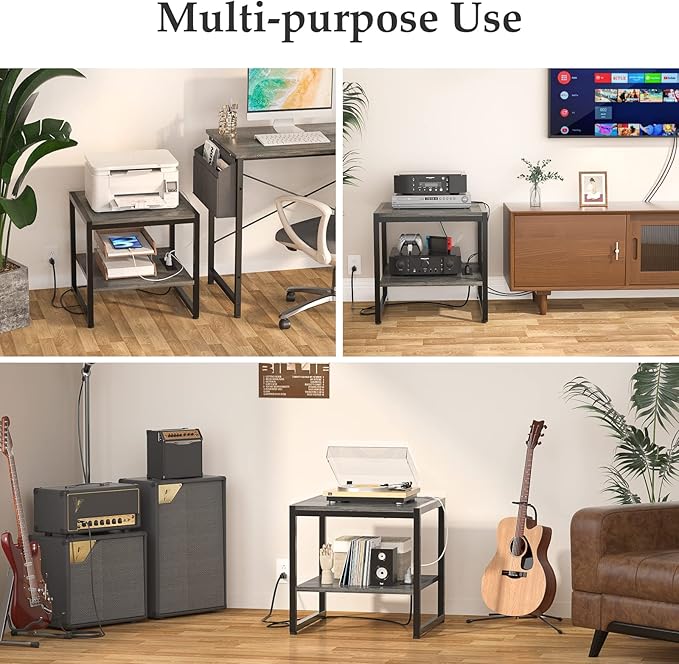 Homieasy End Table with Charging Station, 20 Inch Mini Fridge Stand with 2-Tier Open Shelf, Square Bedside Nightstand & Sofa Side Table for Living Room, Dorm, Office,Black Oak
