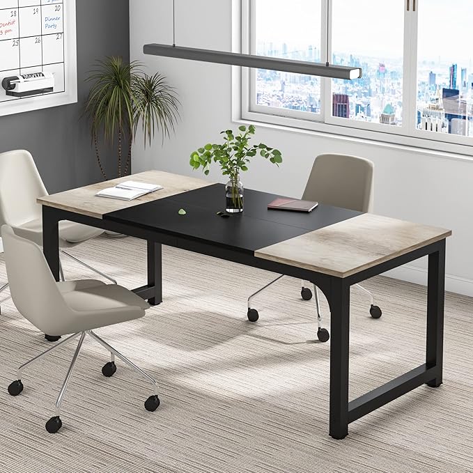 Tribesigns Modern Computer Desk, 70.8 x 31.5 inch Large Office Desk Computer Table Study Writing Desk Workstation for Home Office, Black Metal Frame, Grey Oak