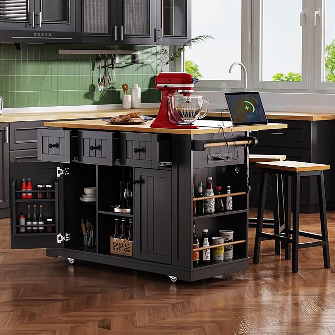 53" Large Kitchen Island with Drop Leaf,Power Outlet & Door Internal Storage Rack,Rolling Kitchen Cart on 5 Wheels W/ 5 Open Side Racks for Kitchen,Dining Room,Black(Not Include bar stools)