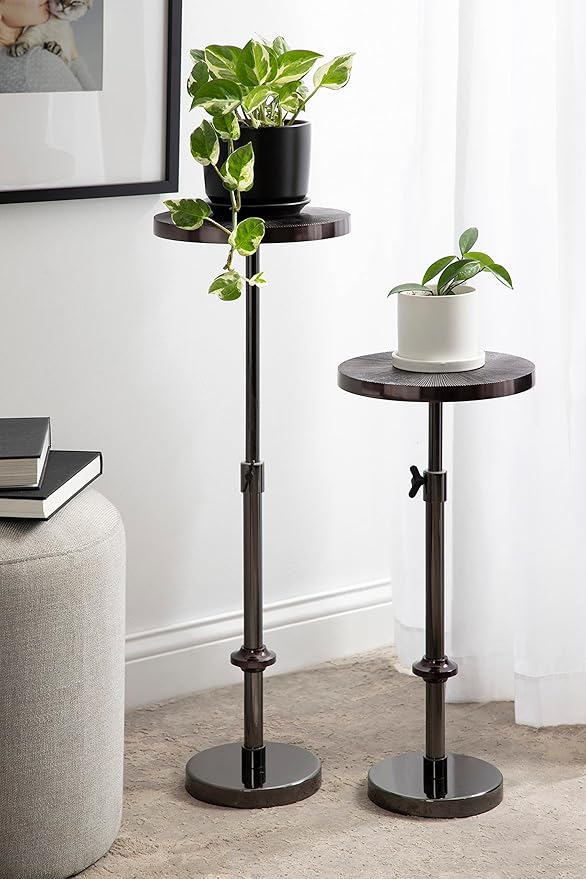 Kate and Laurel Engles Transitional Adjustable-Height Pedestal Drink Table; 10 x 10 x 30; Gray Gunmetal; Vintage Round Indoor Metal Plant Stand with Embossed Sunburst Pattern