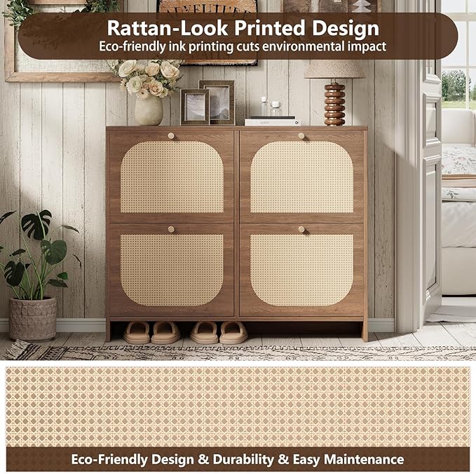 Nicetree Shoe Cabinet Storage for Entryway, Farmhouse Slim Shoe Organizers with 4 Flip Drawers, Freestanding Large Shoe Rack with 3-Tier Adjustable Shelves for Hallway,Foyer, Rustic (Oak)