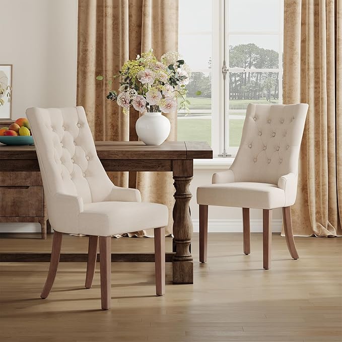 COLAMY Fabric Side Dining Chairs Set of 2, Wingback Upholstered Dining Room Chairs with Tufted Button, Living Room Chairs for Home Kitchen, Beige