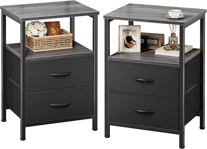 Huuger Night Stand Set of 2, Nightstand with 2 Drawers, Bed Side Table with Open Shelf, Wooden Top, End Table, Fabric Drawer, for Bedroom, Grey